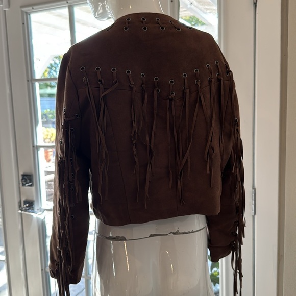 Forever 21 Faux Suede Brow Fringe Cropped Open Boho Jacket Size Large - Picture 5 of 12